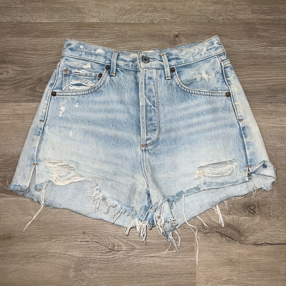 AGOLDE Jaden High Waisted Light Blue Denim Distressed Jean Shorts 24
